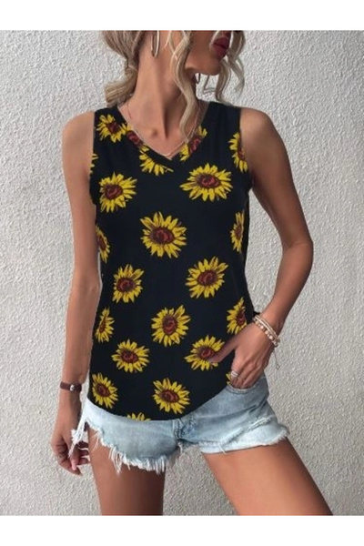 GENCULUS Women's V-Neck Sleeveless Sunflower Pattern Crepe Blouse