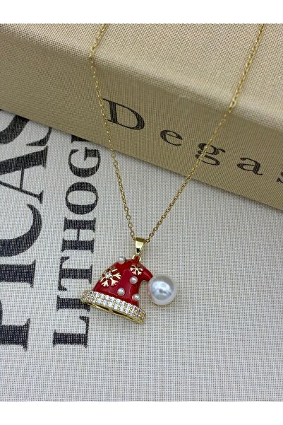 Hedef Bijuteri Steel Gold Colored Zircon Stone Detailed Christmas Themed Pearl Red Christmas Hat Necklace