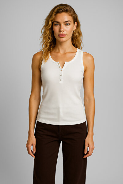 VENA Women's Matilda Button Detailed Fitted Tank Top 100% Cotton - White