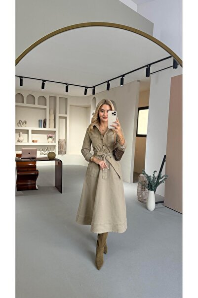 Sezgi Tekin Dikiş Detay Vizon Çan Denim Elbise