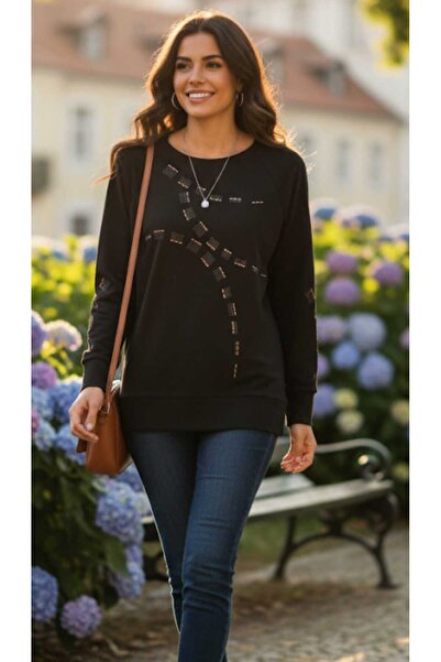 Aylin Long Sleeve Printed Front and Ribbed Bottom and Sleeves Sports Knitwear