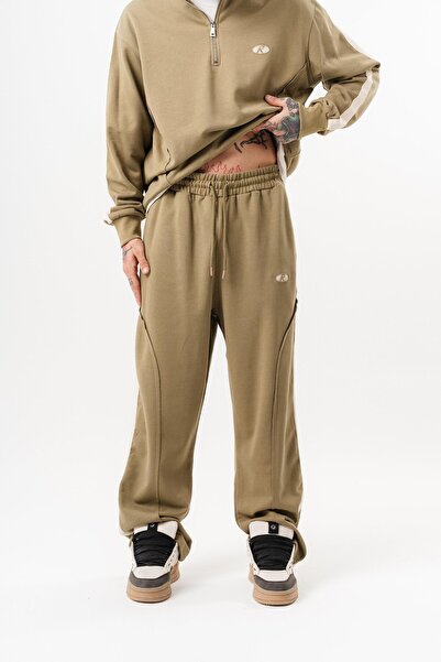 Respire Men's Diagonel Baggy Sweatpants with Dirty Stitch Detail Khaki