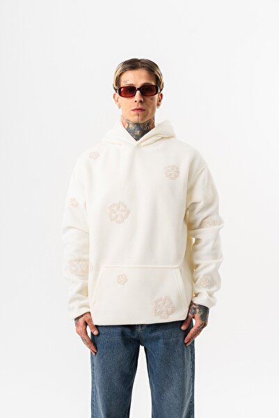 Respire Men's Süzene Embroidery Detailed Hooded Oversized Fleece Hoodie Ecru