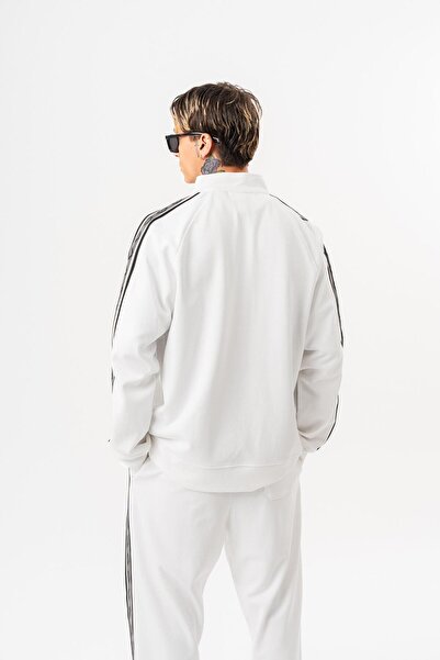 Respire Ανδρικό φούτερ με λεπτομέρεια ρίγες, όρθιο γιακά, διπλό φερμουάρ, oversize, εκρού