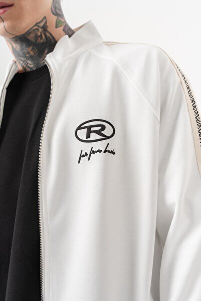 Respire Men's Ffb Striped Detail Mock Neck Doubleface Zip Oversized Sweatshirt Ecru