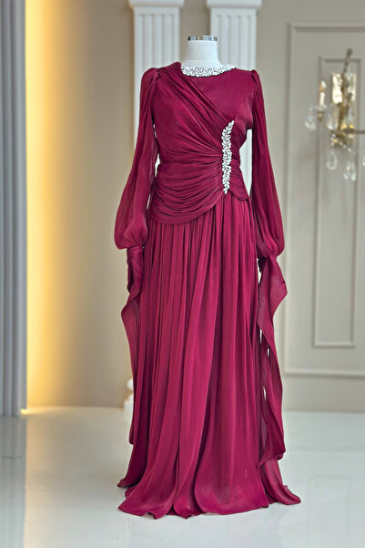 Amine Hüma Bade Abiye Elbise Bordo