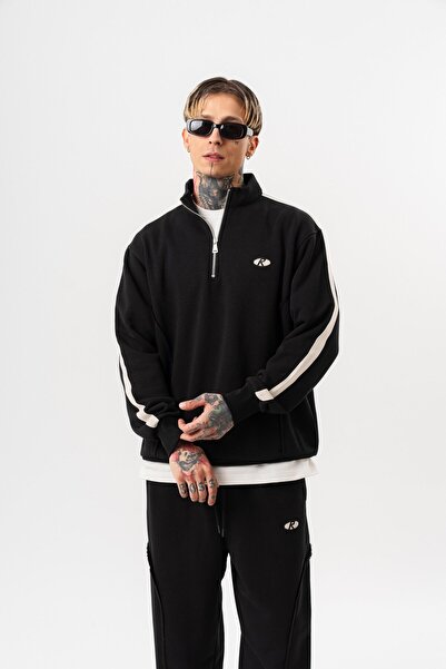 Respire Erkek Pis Dikiş Detaylı Yarım Fermuarlı Diagonel Sweatshirt Siyah