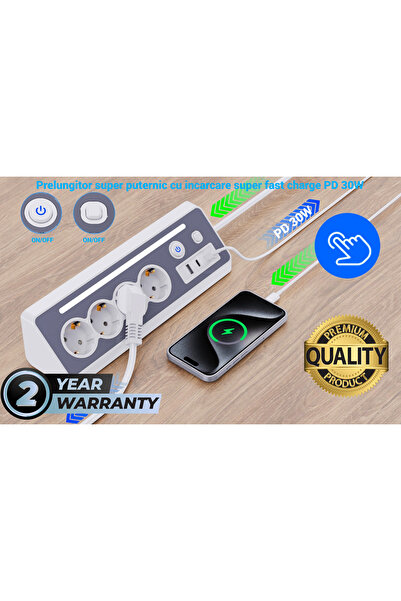 AdyMel 8-in-1 PD 30W Power Strip — 4 Sockets, 3 USB (1A,2C), LED Night Light, 1.5m, White