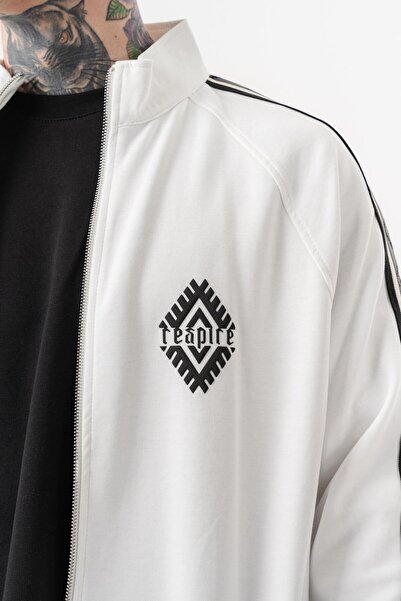 Respire Ανδρικό φούτερ με λεπτομέρεια ρίγες, όρθιο γιακά, διπλό φερμουάρ, oversize, εκρού