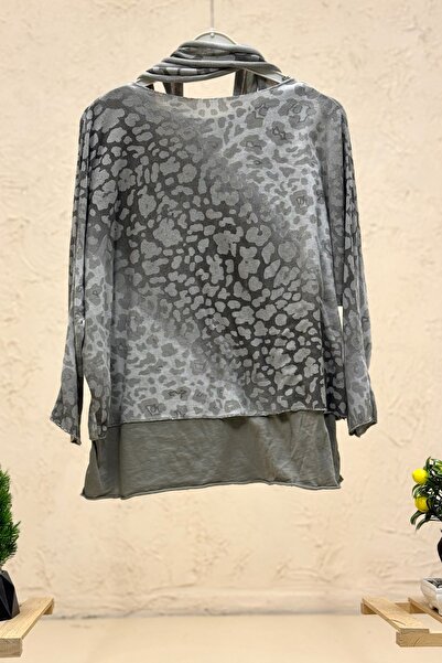 sahnemoda Leopard print shimmery detail shawl two-piece imported blouse set
