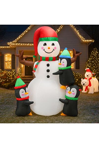 SERSIMO Om de zăpadă gonflabil pentru exterior, cu pinguini și iluminare LED, 190 cm, compresor integrat, alb