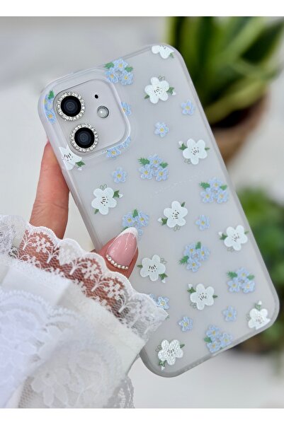 Go Aksesuar حافظة شفافة متوافقة مع آيفون 12 و12 برو، طباعة غير لامعة، زهرة زرقاء وبيضاء، لا تترك بصمات الأصابع