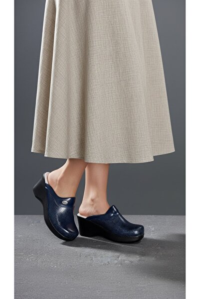 Sabo Medikal Navy Blue Perforated Wedge Heeled Women's Sabo Orthopedic Nurse Doctor Cook Daily Slippers