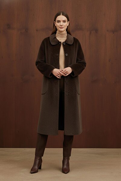 Puane Women's Fox Coat with Button and Pocket Detail - 15220Kbn - Brown