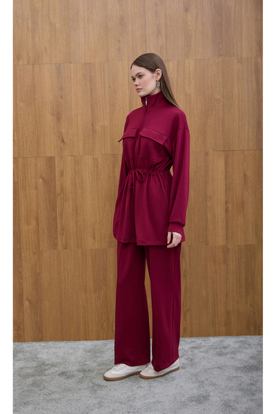 Birgül Bektaş Hanorac cu detaliu de legare în talie, culoare burgundy