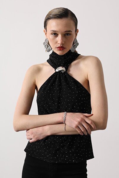 SHILSEE BEUTİQUE Women's Stone-Embellished Silver-Detail Tie-Up Backless Blouse