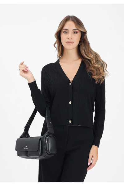 Armani Exchange Women's Regular Fit V-Neck Ax Logo Detailed Long Sleeve Black Cardigan Xw001315 Af16619-Fc101