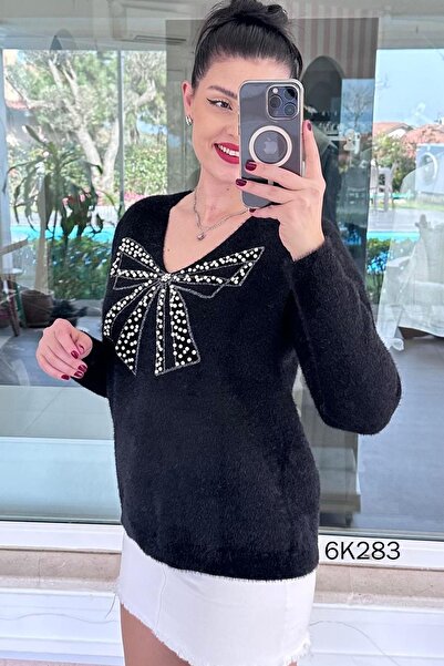 İnce Topuk Pearl V-Neck Bearded Knitwear Blouse 6K283