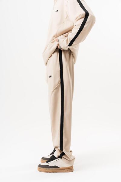 Respire Men's Diagonel Baggy Sweatpants with Dirty Stitch Detail Beige