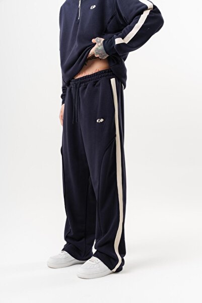 Respire Men's Diagonel Baggy Sweatpants with Dirty Stitch Detail, Navy Blue