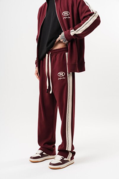 Respire Men's Ffb Striped Detail Winter Doubleface Baggy Sweatpants Burgundy