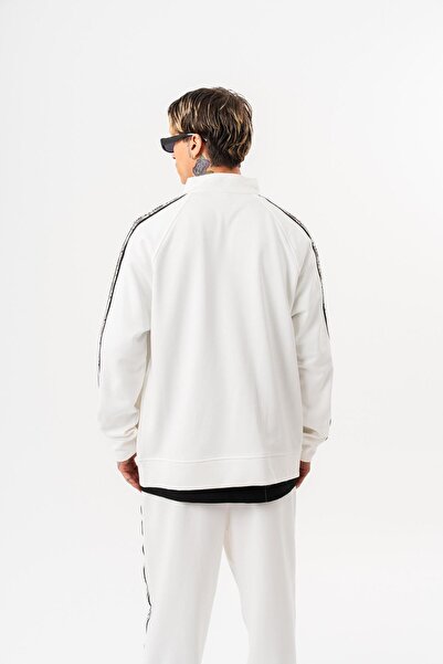 Respire Men's Splash Striped Detail Mock Neck Doubleface Zip Oversized Sweatshirt Ecru