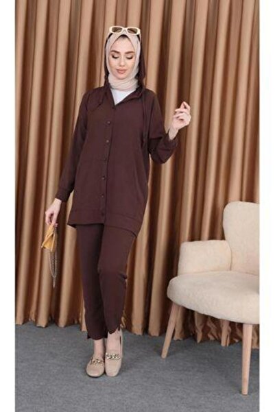 Tesettür Diyarı طقم رياضي من قماش دبل ايروبين - بني