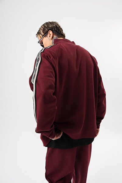 Respire Ανδρικό φούτερ με λεπτομέρεια ρίγες, όρθιο γιακά, διπλό φερμουάρ, oversize, μπορντό