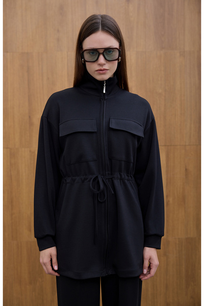 Birgül Bektaş Black Sweatshirt with Waist Tie Detail