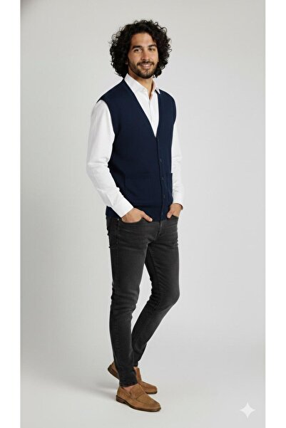 Kuraff Giyim Men's Daily Thin Wool Knitting V-Neck Buttoned Vest