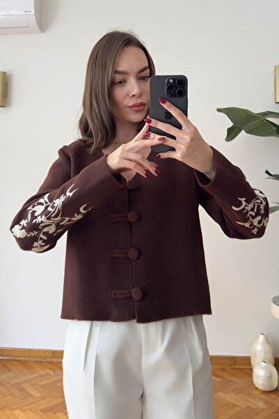 MAGARDE Cardigan Premium cu mâneci brodate și nasturi - MARO