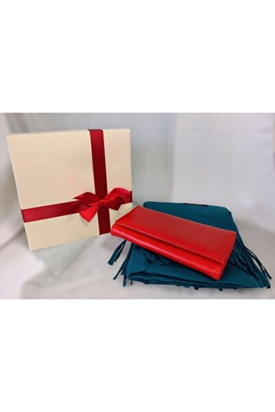 OEM Women's turquoise cashmere shawl gift set with red genuine leather wallet 19x9 cm