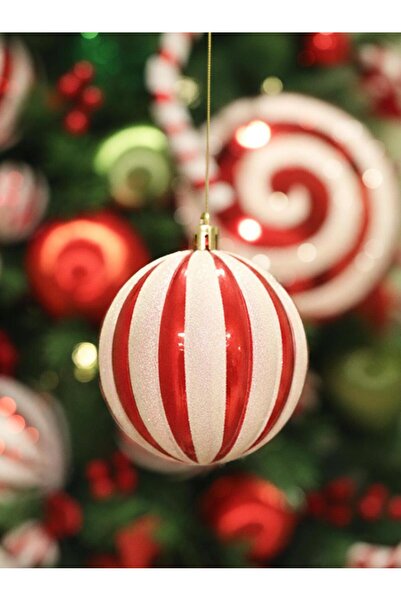 Parti Adresi Yılbaşı Topu Dilim Desenli Dekoratif Çam Ağacı Süsü Kırmızı Beyaz 10 cm 4'lü Set