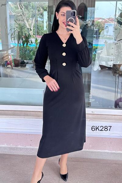 İnce Topuk Button Detail Stretch Fabric Scuba Crepe Dress 6K287
