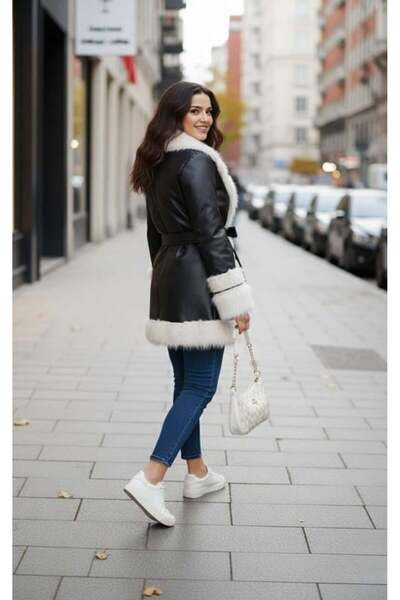 Hb Harma Time Butik Γυναικείο δερμάτινο μαύρο μπουφάν με φτερωτή ζώνη και επένδυση