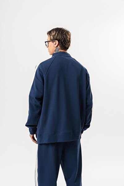 Respire Men's Ffb Striped Detail Mock Neck Doubleface Zip Oversized Sweatshirt Navy Blue