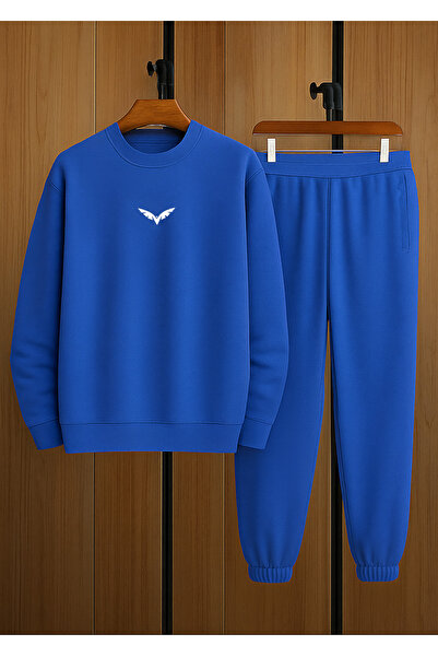 DUBU BUTİK Wings Tracksuit Set Sweatshirt Jogger - Cobalt Blue Printed Oversized Fleece-Lined Crew Neck