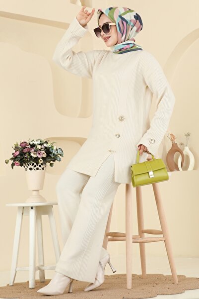 ModaMerve Aksesuar Düğmeli Triko Takım 8052OZN1046-MS Ekru