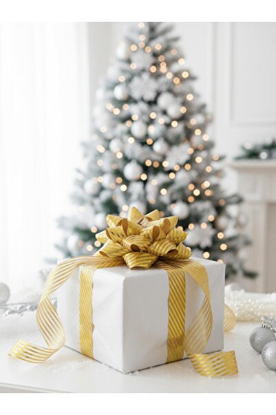 Parti Adresi Hediye Paketleme Seti Kağıt Fiyonk ve Kurdele Kraft-Altın Çizgil...