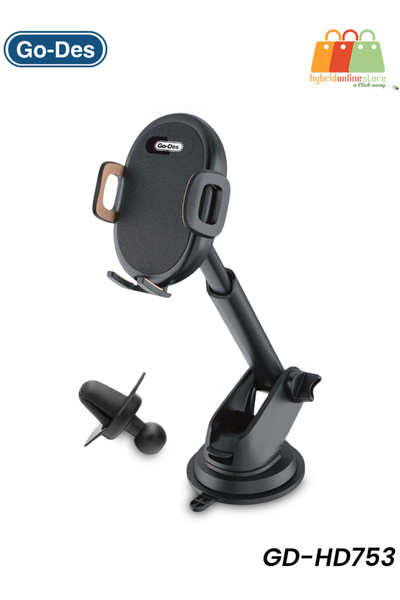 Go-Des GD-HD753 2-in-1 Car Phone Holder/Mount | Auto-Tightening Suction Cup & Air Vent Clip