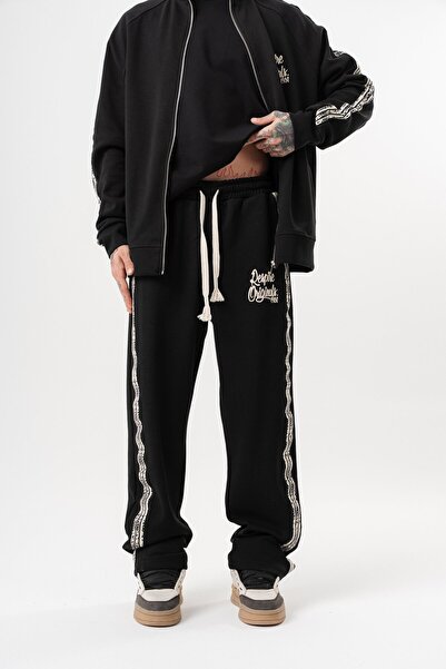 Respire Men's Splash Striped Detail Winter Doubleface Baggy Sweatpants Black