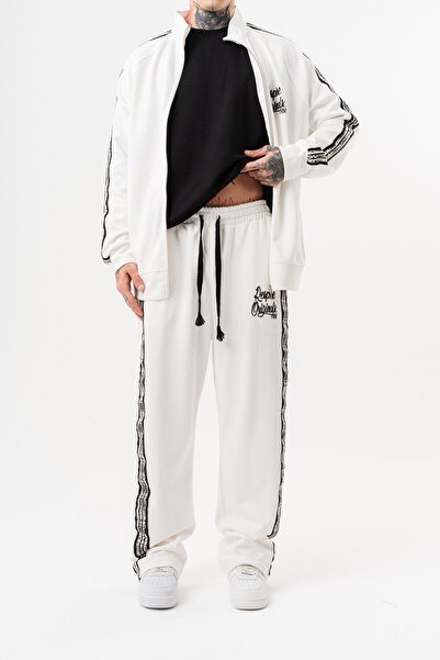 Respire Men's Splash Striped Detail Winter Doubleface Baggy Sweatpants Ecru