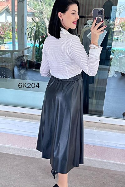İnce Topuk Zippered Leather Skirt 6K204