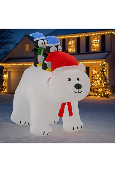 SERSIMO Urs polar gonflabil pentru exterior, iluminare LED, cu doi pinguini, compresor integrat, 200x120x80