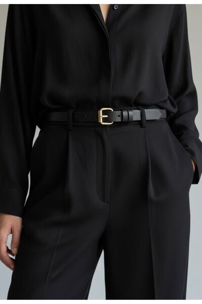 Gesa Women's Gold Buckle Thin Black Belt Dress Belt Shirt Belt Trouser Belt Coat Belt