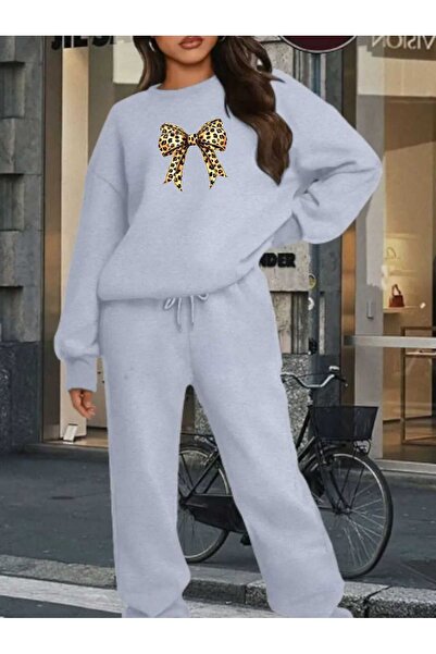 tkn your style Leopard Ribbon Bottom Top Set Fashion Print Design Trend Crew Neck Sweatshirt