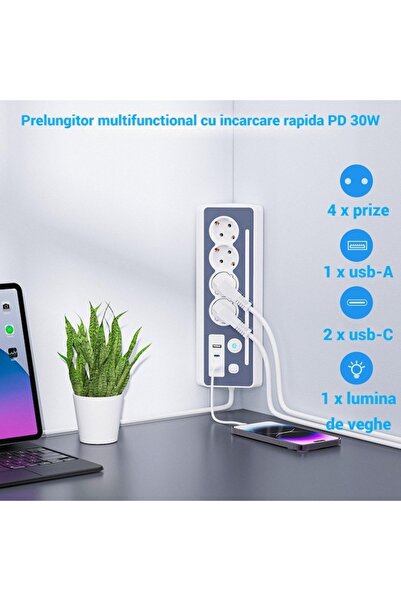 AdyMel 8-in-1 PD 30W Power Strip — 4 Sockets, 3 USB (1A,2C), LED Night Light, 1.5m, White