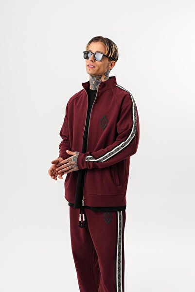 Respire Ανδρικό φούτερ με λεπτομέρεια ρίγες, όρθιο γιακά, διπλό φερμουάρ, oversize, μπορντό