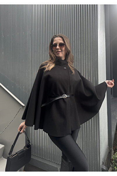 asfamoda Women's Black Belted Mock Neck Button Cashmere Cape Poncho