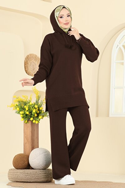 ModaMerve Kapüşon Detaylı Triko Takım 1079BRZ597-MS Kahve